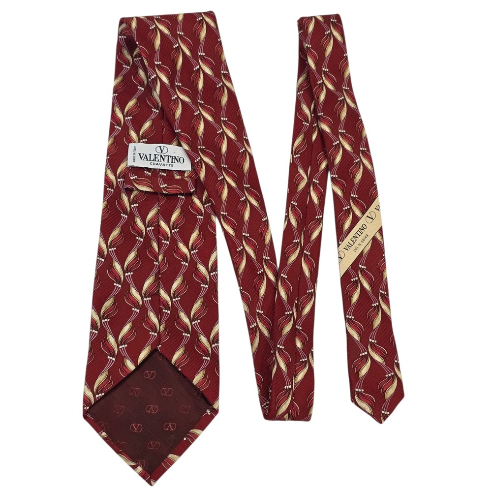 Valentino Cravatte Mens Necktie Maroon Silk Swirl Pattern Hand Made Luxury